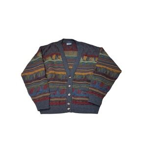 Vtg Geccu Australia Pure Wool 3D Knit Cardigan Sweater Mens Large Multi‎ Color